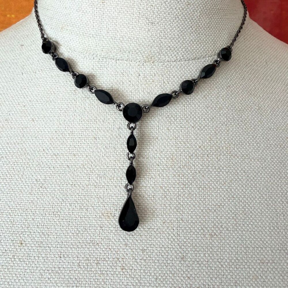 Vintage Givenchy Black Crystal Gunmetal Y-Drop Necklace